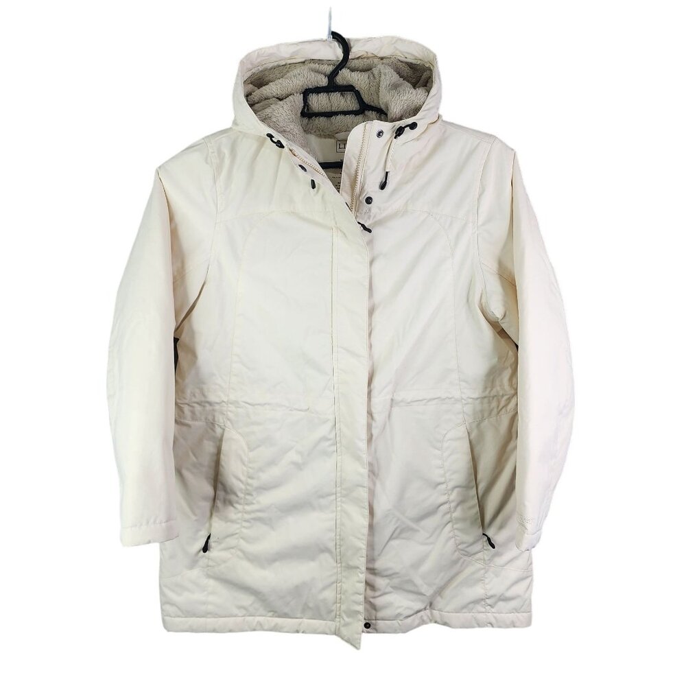 Womens Ivory L.L. Bean Pet Hooded Coat Fleece Lining Full Zip Long Sleeve Size L